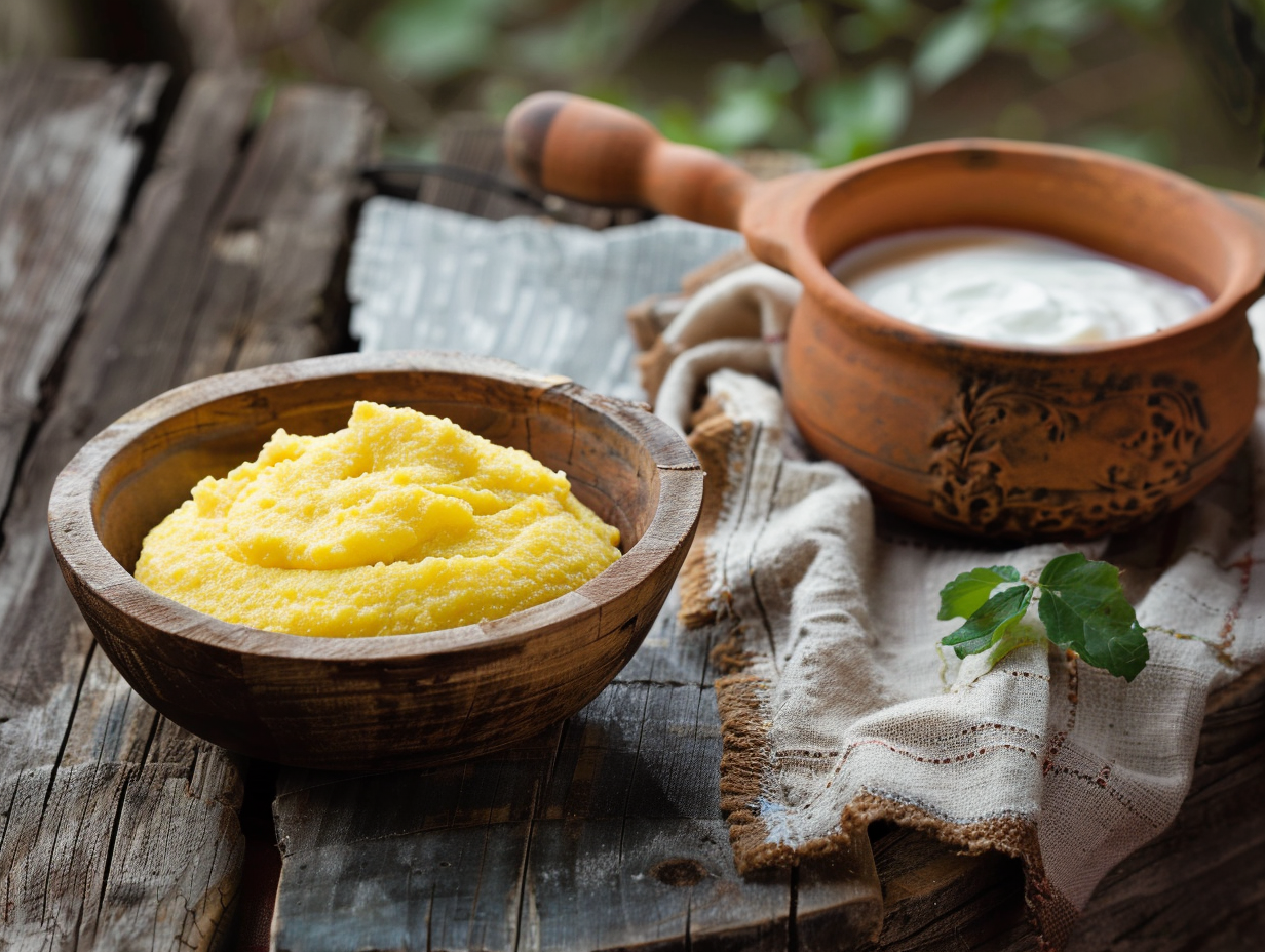 Rustična palenta u drvenoj činiji uz domaći jogurt – tradicionalni ukus detinjstva