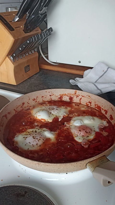 Shakshuka se krcka u tiganju. magicna kombinacija boja, paprike , paradajiza, jaja i zacina